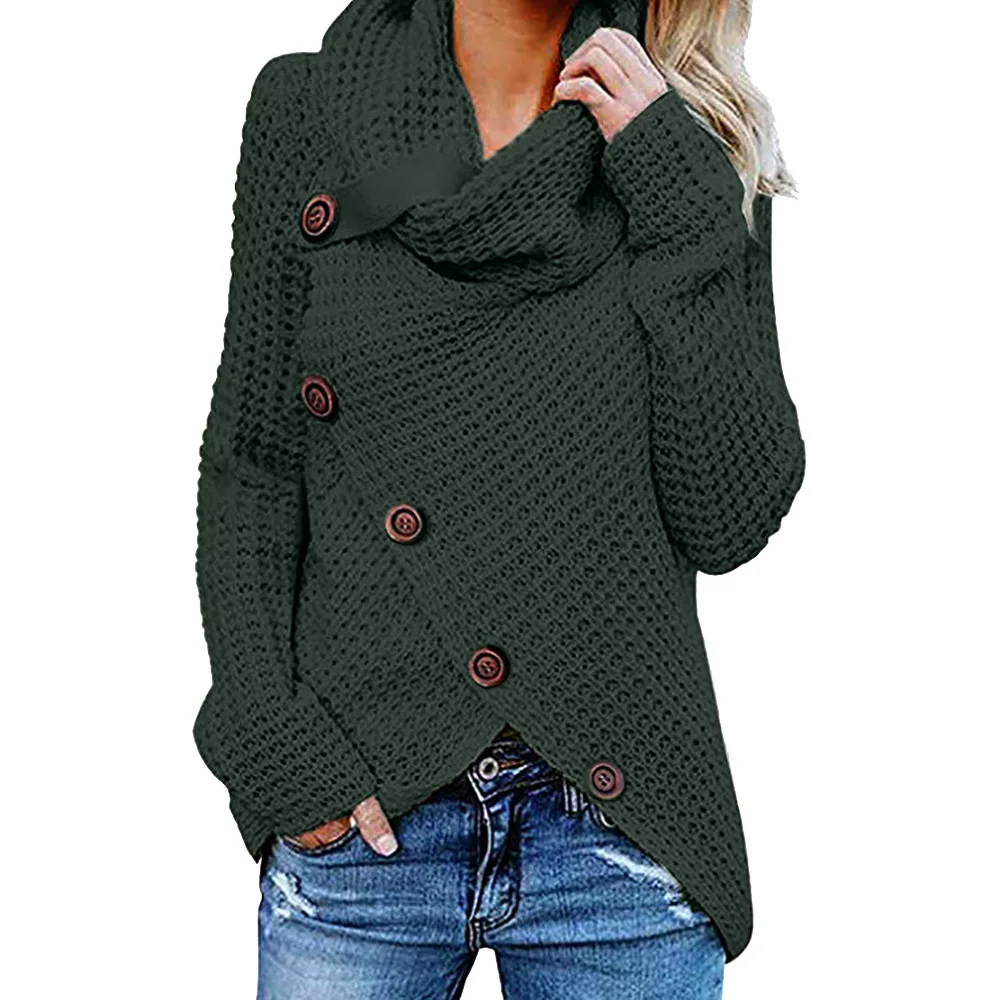 Женские осенние свитера, водолазка с длинным рукавом, вязанные Лоскутные пуловеры на пуговицах, свитер, джемпер, Без размера плюс S-5XL - Цвет: Зеленый