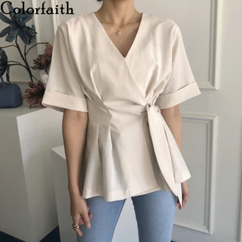 

Colorfaith New 2020 Women's Summer Blouses Shirts V-neck Solid Fashionable Korean Style Casual Irregular Lace Up Tops BL1167
