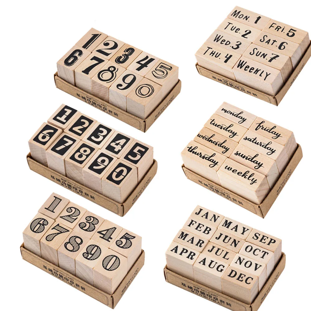 

Vintage Retro Style Number/Month/Week Rubber Stamp Planner Pattern Wooden Stamp Set for DIY Scrapbooking standard stamp