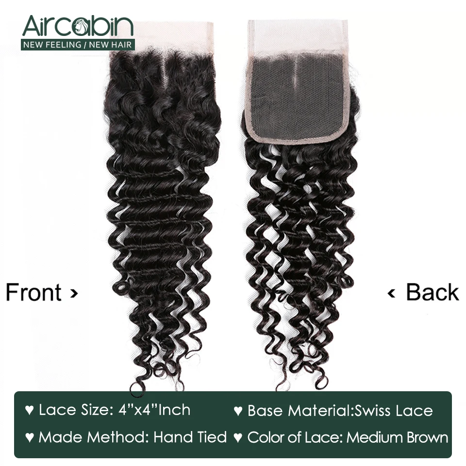 Aircabin Brazilian Deep Wave Bundles With Closure Remy Human Hair Natural Color Double Weft Bundles And 4x4 Swiss Lace Closure