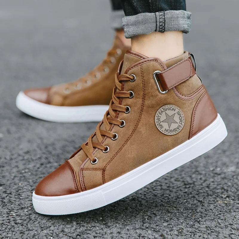 Autumn Fashion Sneakers Men's Casual Shoes Lace-up High Top Men Shoes Comfortable Non-slip Canvas Male Shoes Big Size 38-47 - Цвет: Хаки