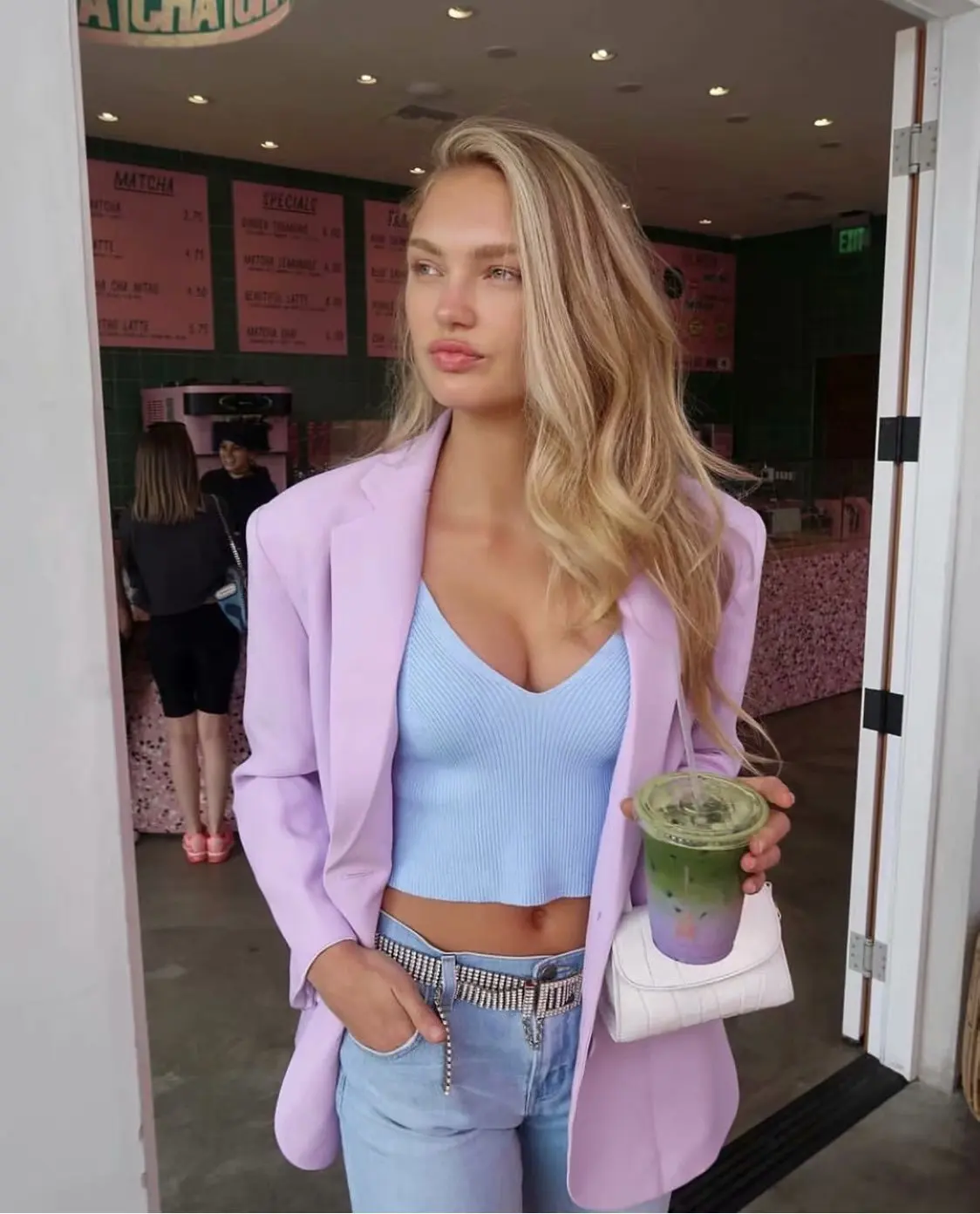 ANSFX Stylish Lavender Boyfriend One Button Blazer Pockets Notched Collar Long Suit Coat Outerwear Tank Top Shorts 3 Pieces Sets