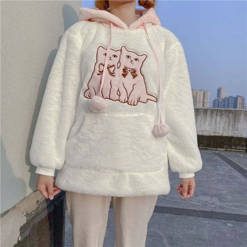 Корейский стиль Kawaii женские толстовки с рисунком кота бархатная хлопковая плюшевая Толстовка Harajuku мягкий Mori пуловер для девочек верхняя одежда рубашка
