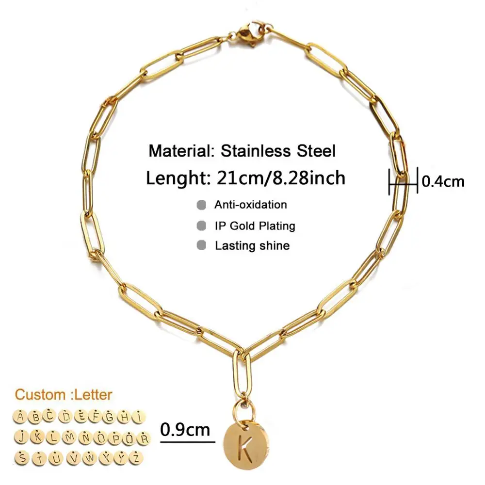 Bracelet Jewelry MinaMaMa Stainless Steel Square Chain Initial Letter Charm Bracelet For Women Men Coin 26 Alphabet Bracelet