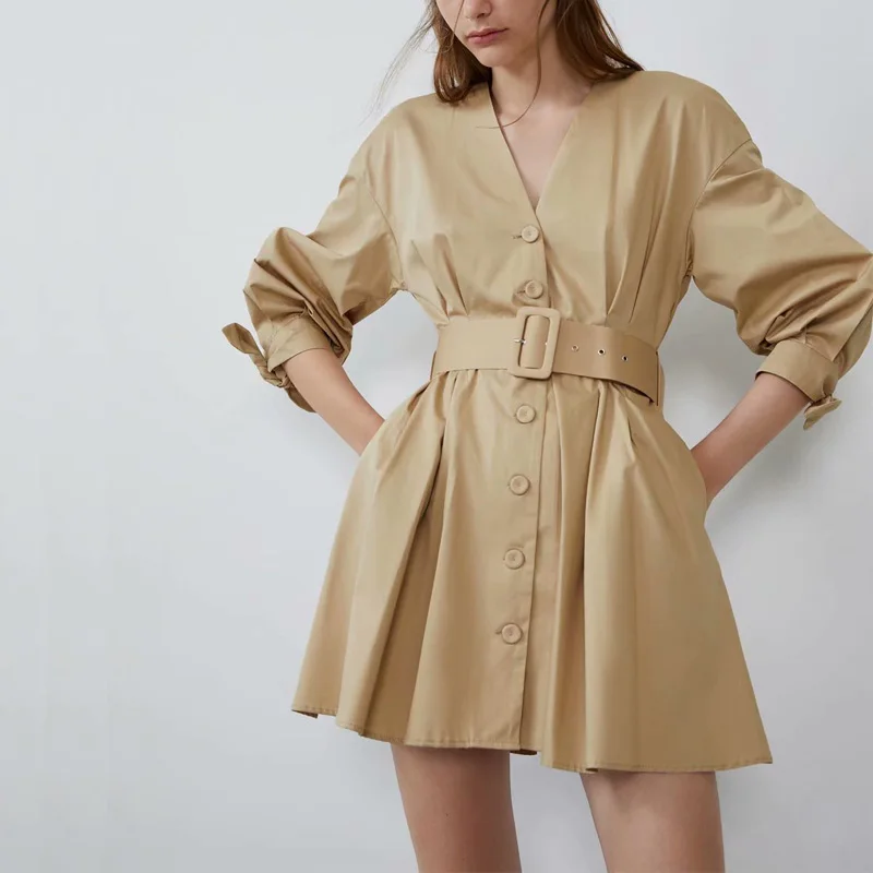 

Autumn shirt dress women dress casual solid color V-neck long-sleeved button decorative bow belt dress Vestidos