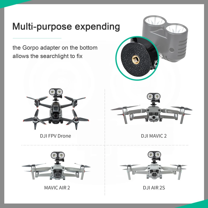 Adapter on the bottom allows the searchlight to fix DJI FPV Drone