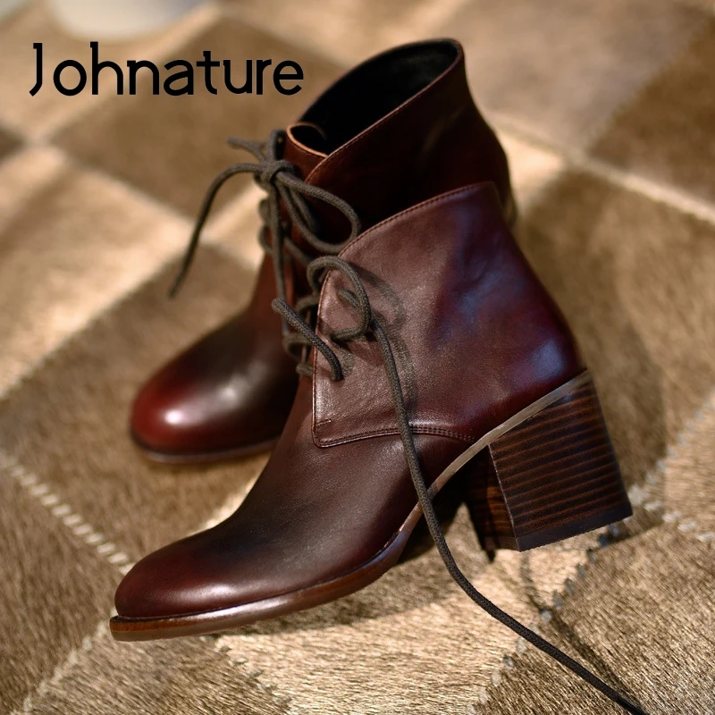 Женские ботильоны из натуральной кожи Johnature, на шнуровке, с закругленным носком, повседневные ботинки ручной работы на платформе, Осень зима 2020|Полусапожки| | АлиЭкспресс