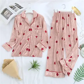 

Autumn Winter Women Pajamas Sets Gold Velvet Long Sleeve Two Piece Sleepwear Female Print Pockets Loose Nightwear