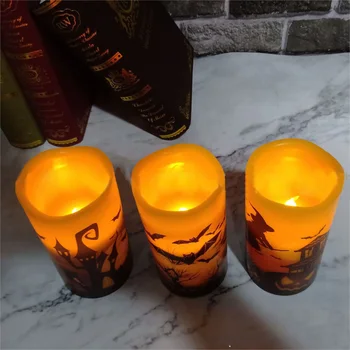 

Pillar Candle Warm Light for Halloween Safe Bright Flameless Flickering Candle Light with Bats Decal Durable Real Wax LED Candle