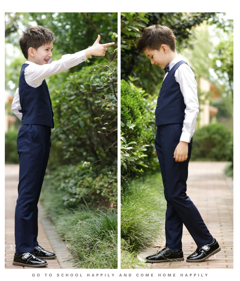 Children Korean Japanese School Uniform for Boys Kid White Shirt Black Pants Waistcoat Vest Tie Clothes Set Student Outfits Suit