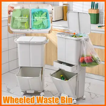 

2/3 Layers Large Garbage Trash Cans Kitchen Vertical Dry and Wet Waste Sorting Bins with Wheel Garbage Bag Holder Recyclable