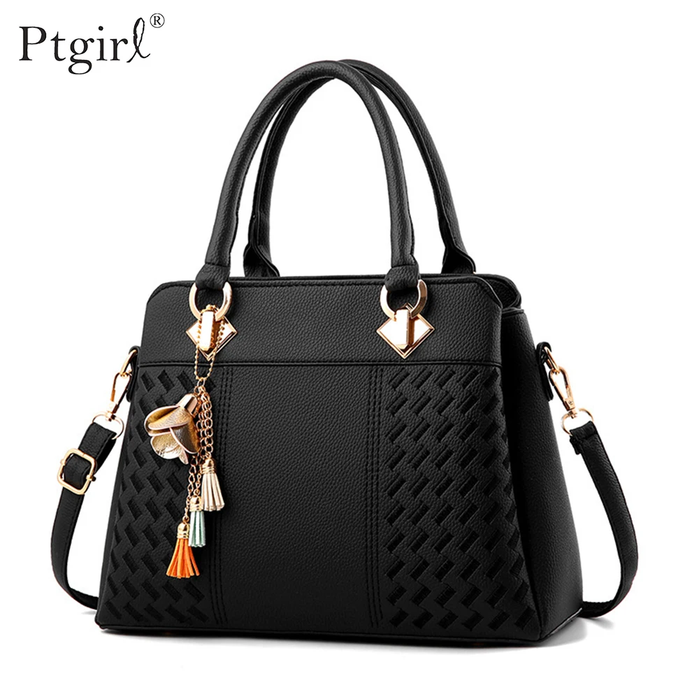 

Fashion Women Handbags Tassel PU Leather Totes Bag Top-handle Embroidery Crossbody Shoulder Bag Ptgirl Simple Style Hand Bags