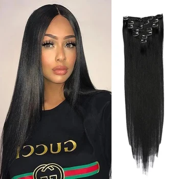 

1B 24 Inches Straight Full Head 6 Separate Pieces Heat Resistance Synthetic Hair Clip in Hair Extensions For Women