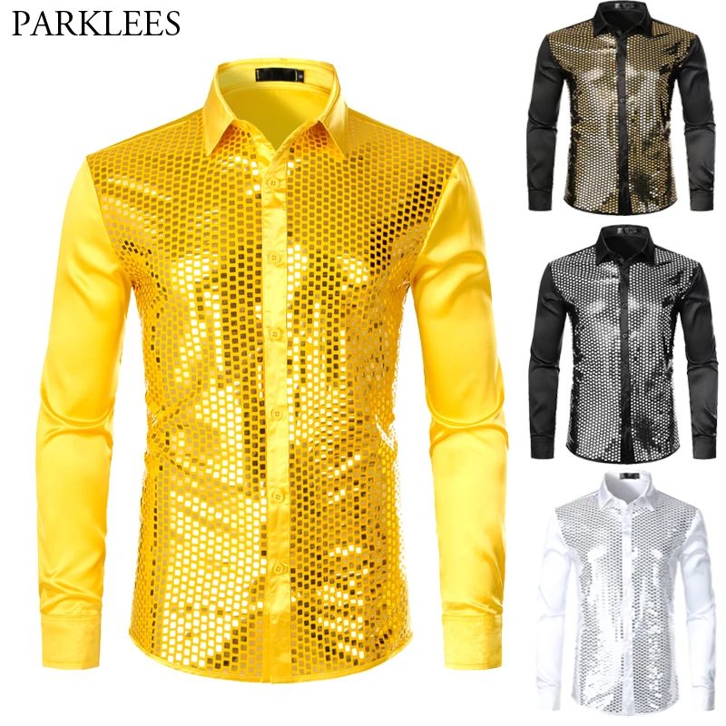 

Men's Sliver Sequin Silk Satin Shirt Long Sleeve Button Down Shiny Disco Party Shirts Slim Fit Stage Dance Men Prom Shirt White