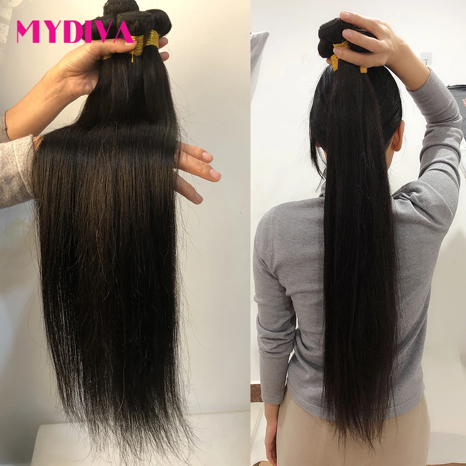  Mydiva 8-34 36 38 40 Inch Brazilian Hair Weave Bundles Straight 100% Human Hair 3/4 Bundles Natural