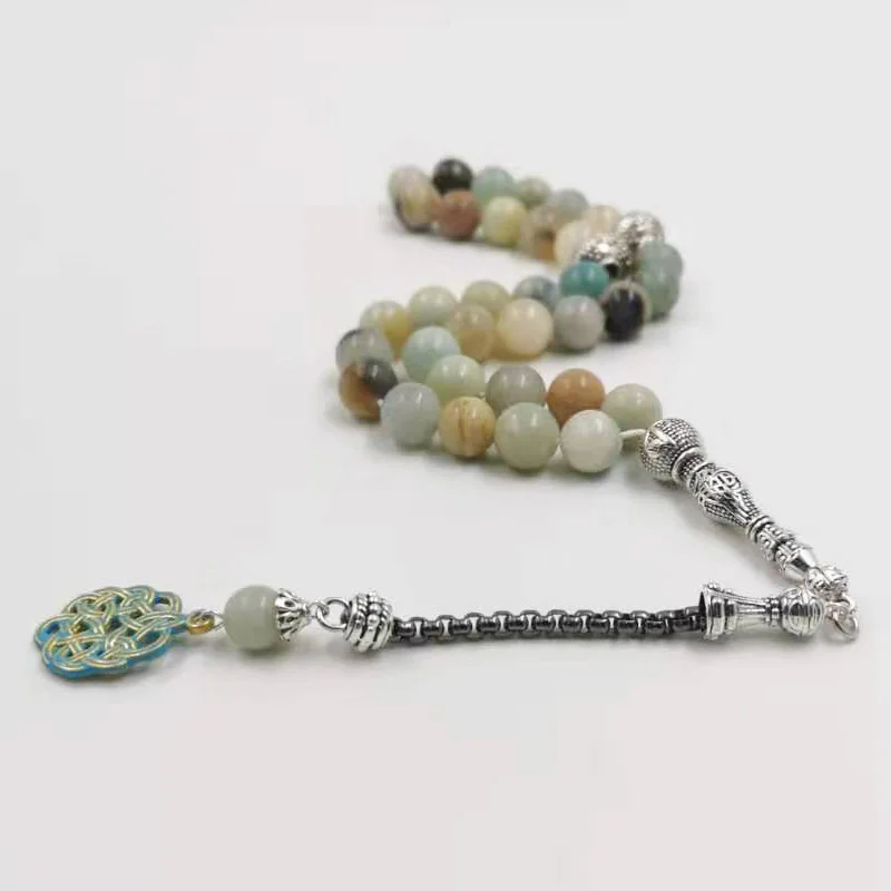 Tasbih Природный Амазонит камень синий металл кисточка 33 66 99 молитвенные бусы исламский мода камень мусульманские четки