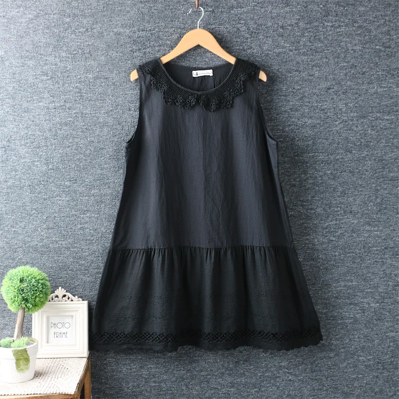 Black Mori Girl летнее женское платье с цветочным узором, отложной воротник, хлопок, вышивка, свободная талия, Повседневное платье миди без рукавов - Цвет: Black