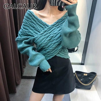 

GALCAUR Korean Knitted Sweater For Women V Neck Off Shoulder Puff Sleeve Cross Pullover Oversize Female Sweaters 2020 Fashion