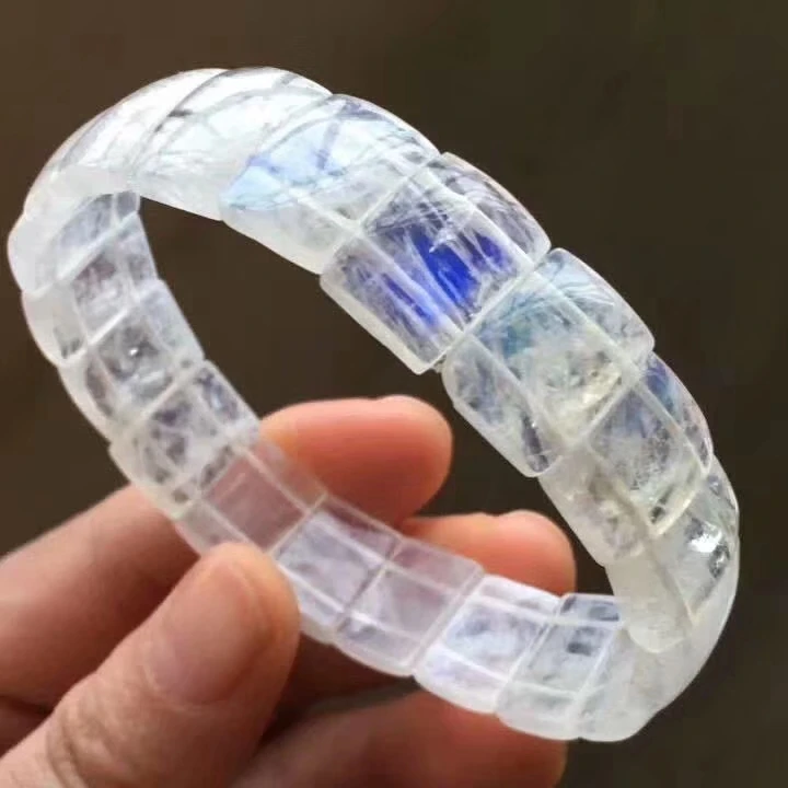 

Top Quality Natural Blue Light Moonstone Crystal Clear Rectangle Beads Bracelet 12x8mm Women Men Healing Stone Certificate AAAAA