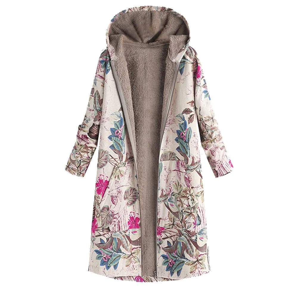 Женские зимние пальто, теплая модная куртка с капюшоном и карманами с цветочным принтом, повседневное пальто с длинными рукавами, большие размеры, популярные женские куртки