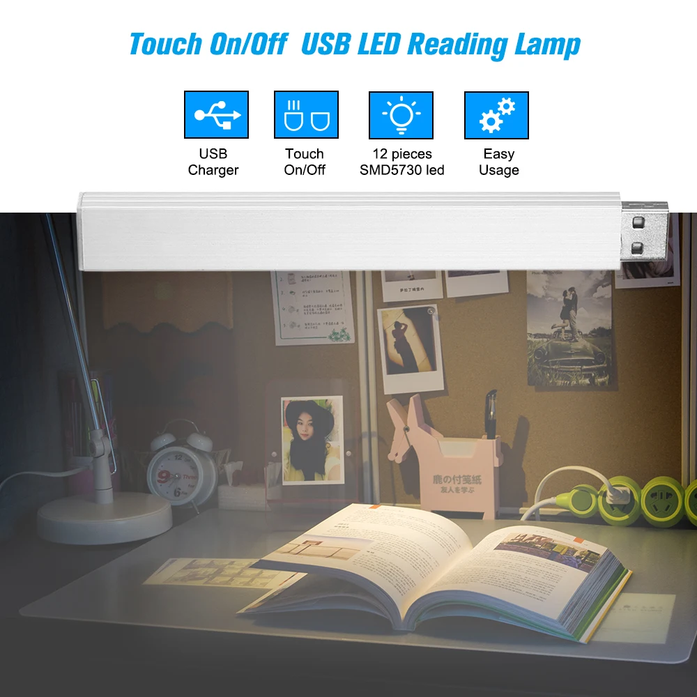 

USB Powered LED Reading Lamp Portable USB Strip Light Touch On/Off 12 leds Night Light Aluminium Shell Camping Lamp