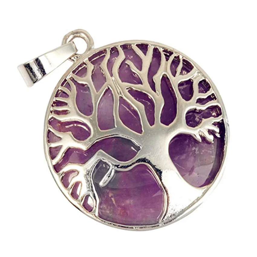 FYJS Temperament Jewelry Silver Plated Tree of Life Round Shape Natural Purple Amethysts Stone Pendant | Украшения и аксессуары
