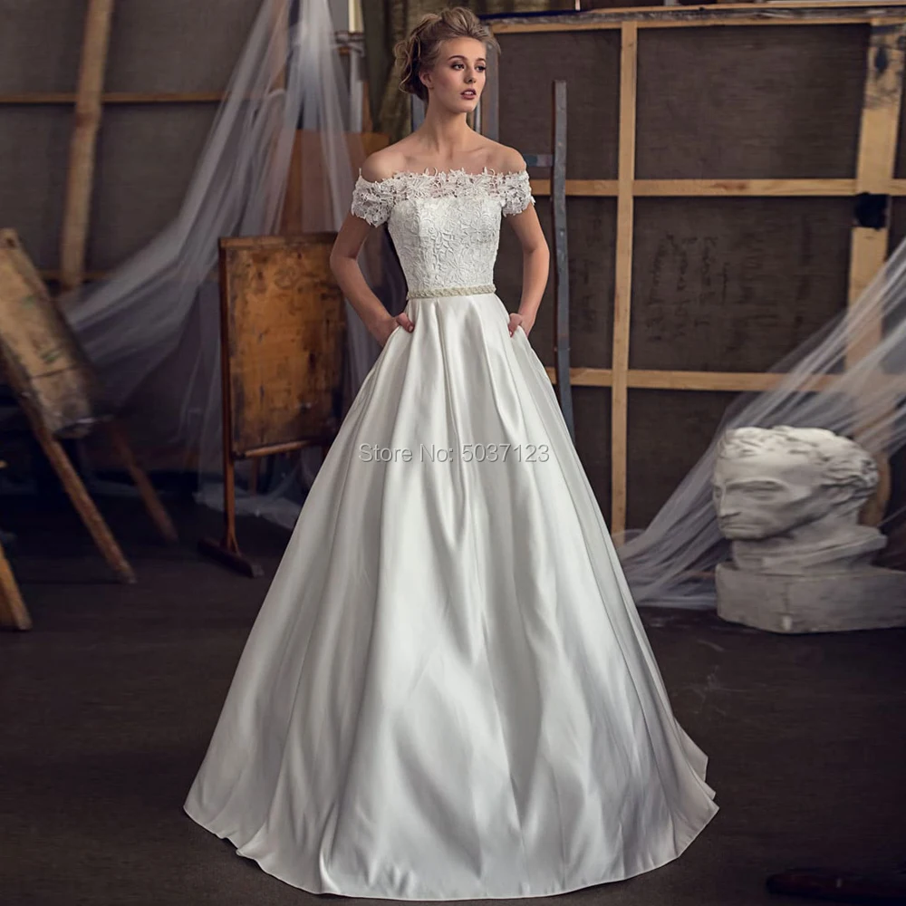 Vestidos De Noiva Свадебные платья с открытыми плечами с короткими рукавами и кружевами аппликации Кнопка Иллюзия развертки поезд платье невесты