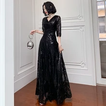 AE582 черные вечерние платья Длинные элегантное ТРАПЕЦИЕВИДНОЕ вечернее платье в пол с v-образным вырезом и блестками