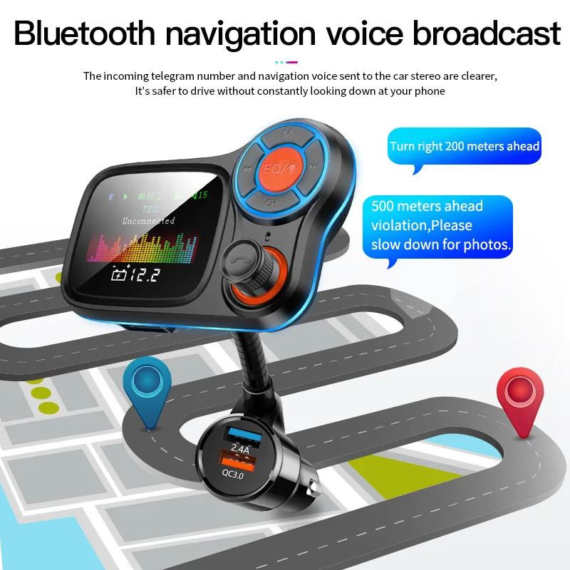 

Беспроводной Bluetooth FM-передатчик для автомобиля, цветной экран, беспроводной автомобильный радиоадаптер с зарядкой QC3.0 и 2.4A
