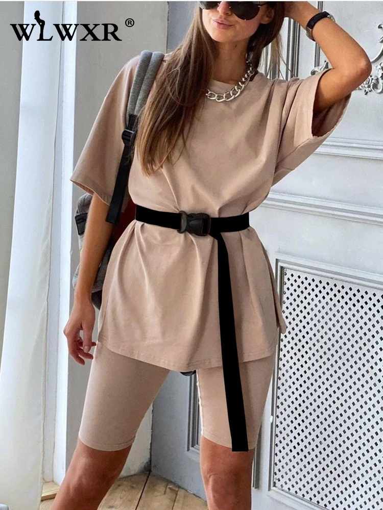 Belt Oversized T Shirt Biker Shorts Set 