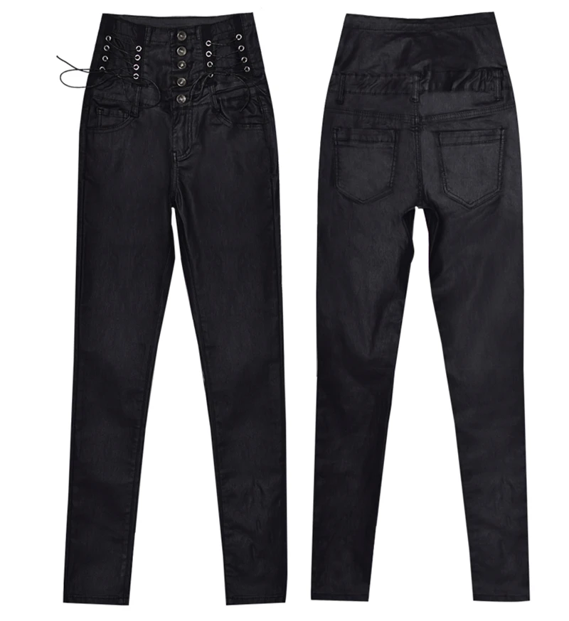 Осень зима женские большие размеры ультра-высокая талия PU пряжка для брюк ремни декоративное покрытие имитация кожи джинсовые брюки K165