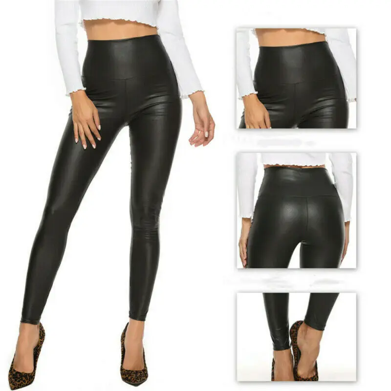 Women Black Pants Stretch Faux Leather High Waist Slim Leggings Trouser
