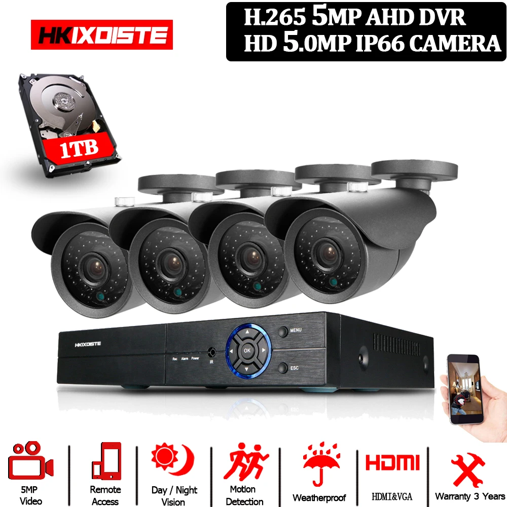 H.265 система видеонаблюдения CCTV DVR 4CH 5MP 4 шт. Full HD 5MP 36 шт. IR камера со светодиодной матрицей ночного видения 40 м комплект SONY sensor Bullet
