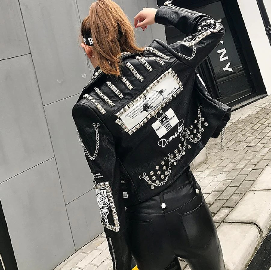 Chaquetas de cuero de pu suave con grafiti 3D para mujer, chaqueta de cuero con remache, abalorios, estilo Punk Rock, prendas de vestir exteriores de cuero recortadas F2217|Chaquetas de cuero| -
