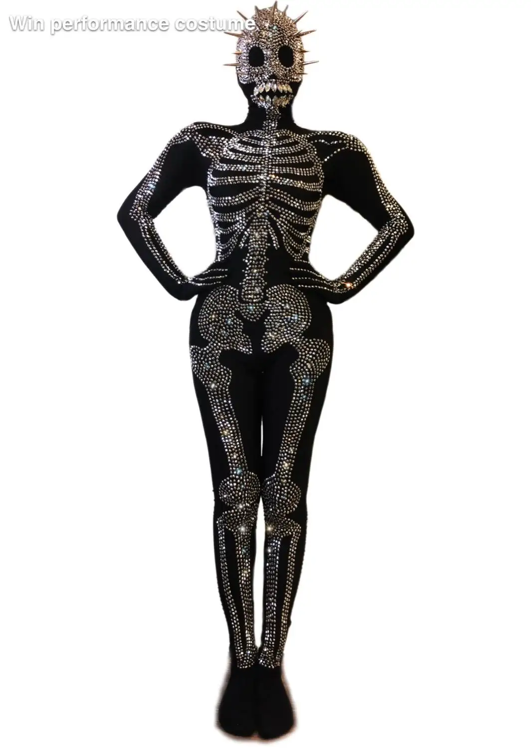 Halloween Outfit Bodysuit Singer Party Show Shining Wear Stage Rhinestone Costume Cosplay Adult Scary Skeleton Print