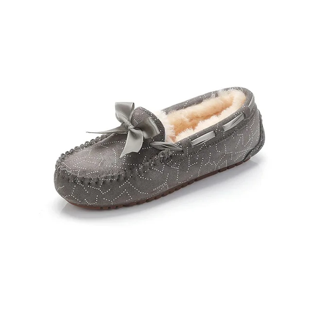 MIYAGINA Natural Fur Genuine Leather Women Flat Shoes New Fashion Women Moccasins Casual Loafers Plus Size Winter shoes - Цвет: GREY