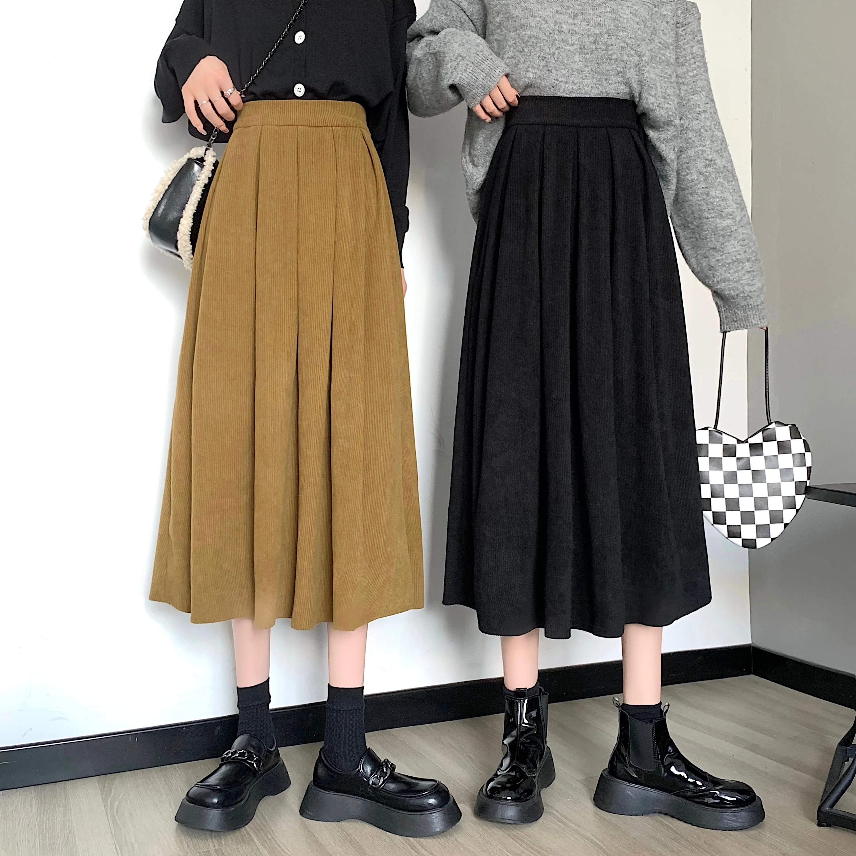 

Midi Long Corduroy Skirt 2021 Spring Autumn Women High Waist Black A-Line Umbrella Skirt Female Large Hem Tutu Pleated Skirt