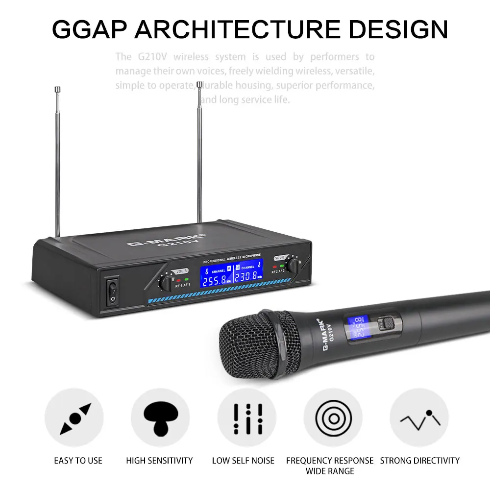 Wireless Microphone G-MARK G210V 2 Channels VHF Professional Handheld Mic For Party Karaoke Church Show Meeting mic stand