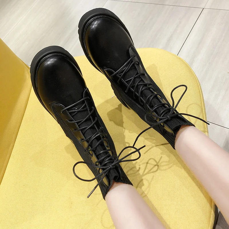 

2020 New Fall Winter Martin Boots Women Black Leather Motorcycle Cowboy Platform Boots Punk Combat Ankle Boots Women Shoes