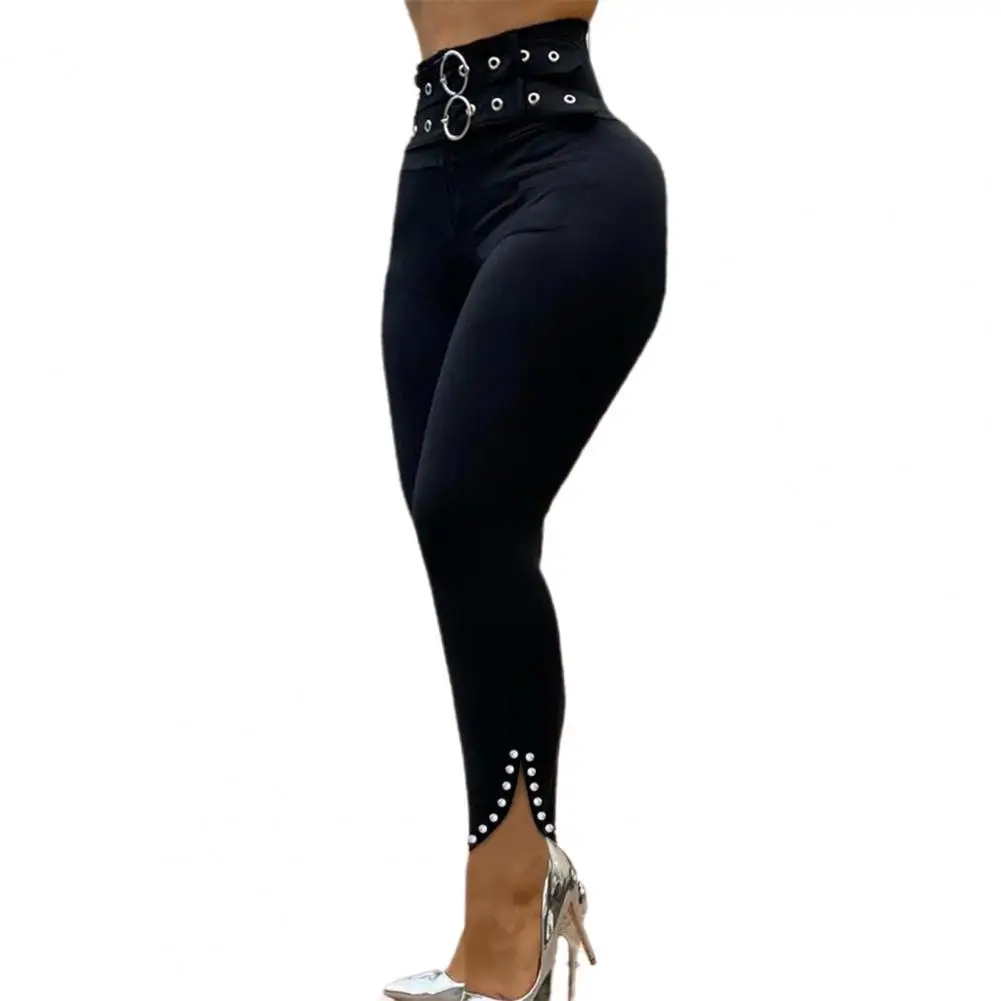 

Women High Waist Skinny Stretchy Pencil Pants Solid Color Hip Lift Rivet Slit Hem Skinny Trousers Leggings Sexy Women's Pants