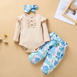 Ensemble trois pièces pour bébé fille, jolie combinaison d'anniversaire + pantalon imprimé, couleur unie, à fleurs, nouvelle collection printemps 
