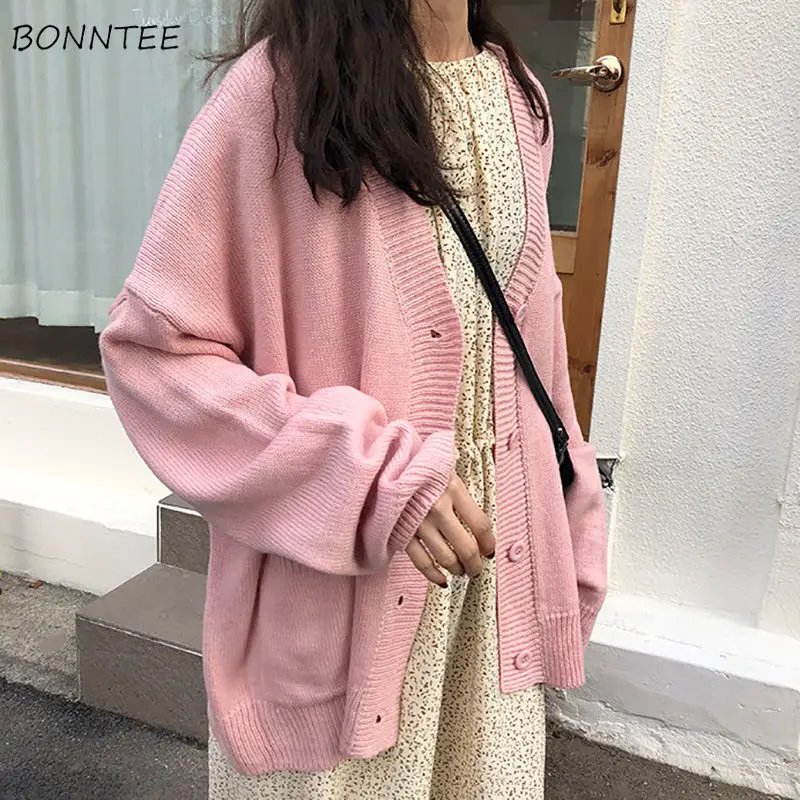 De las mujeres chaqueta liso Simple suéter básico Kawaii estilo Preppy Casual de manga larga con cuello en V suelto de talla grande 2XL-Encuentro de otoño caliente