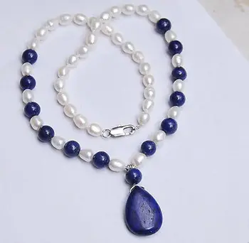 

Natural 7-8MM White Akoya Pearl / Lapis Lazuli Pendant Necklace 18"