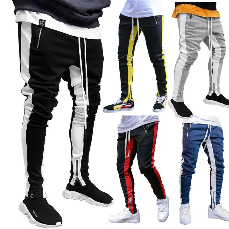 Men Trousers Streetwear Color Line Zipper Pocket Long Pants Black Pants Fashion Joggers Pants Mens Pants  Black Trousers