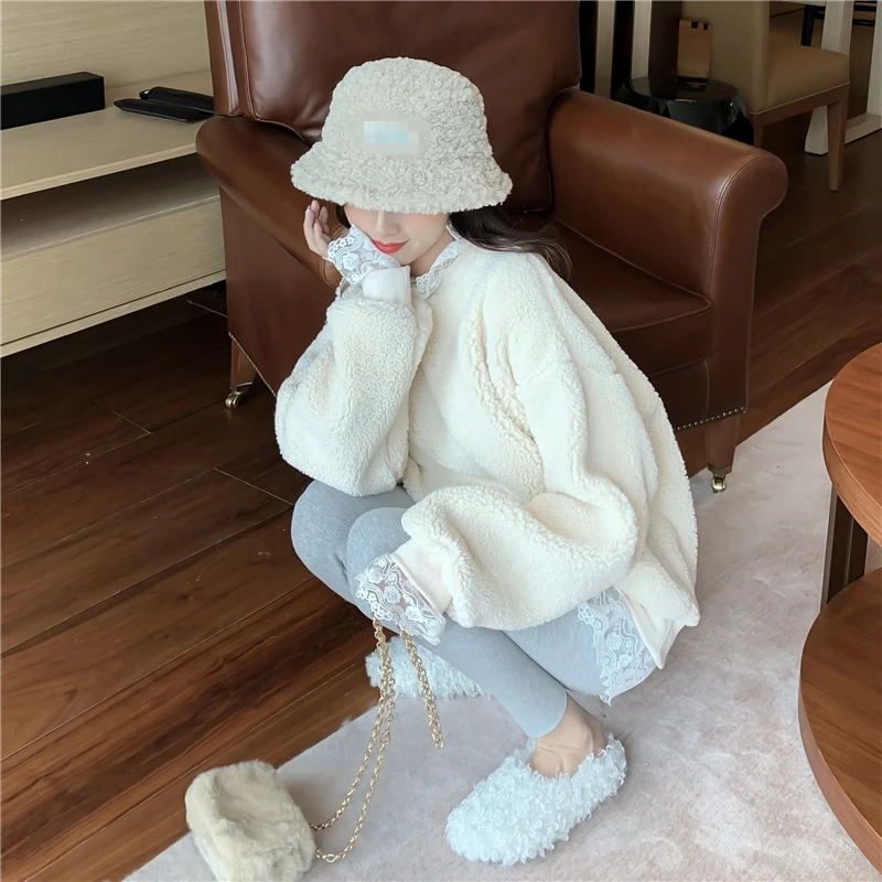 Зимний кружевной свитер с длинными рукавами, женский свитер ins Harajuku, винтажная модная Свободная Повседневная Женская толстовка