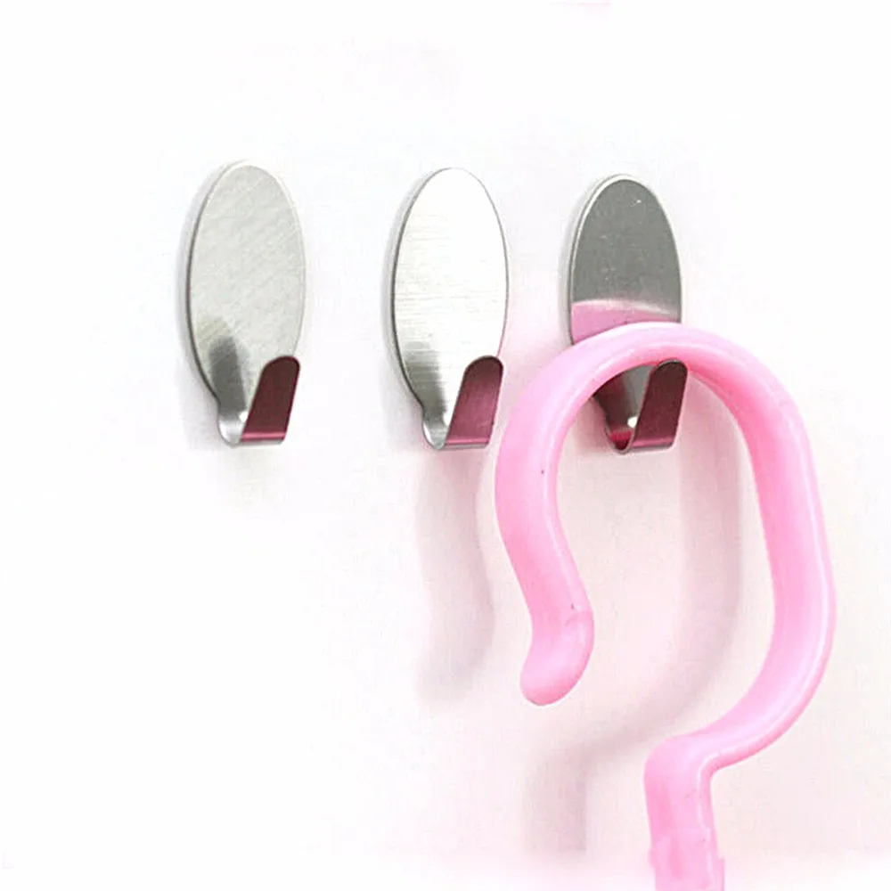 Wall Mounted Hook Rack 6PCS Stick On Silver Strong Self Adhesive Sticky Coat Hat Metal Hanger Home Bathroom Kitchen Stainless Steel