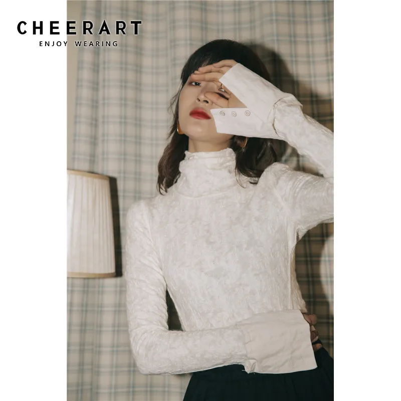 CHEERART водолазка Зимняя Блузка с длинным рукавом белая шерсть расклешенными