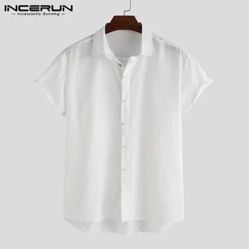 

INCERUN Men Shirt Cotton Solid Short Sleeve 2020 Button Breathable Streetwear Tops Lapel Casual Camisa Men Brand Shirts Harajuku