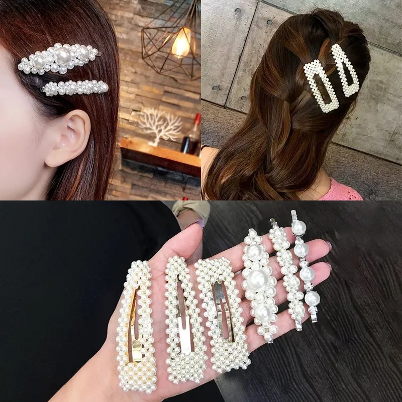 

2019 New Fashion Pearl Imitation Beads Hair Clip for Women Girls Elegant Korean Design Snap Barrette Stick Hairpin Set HairStyle