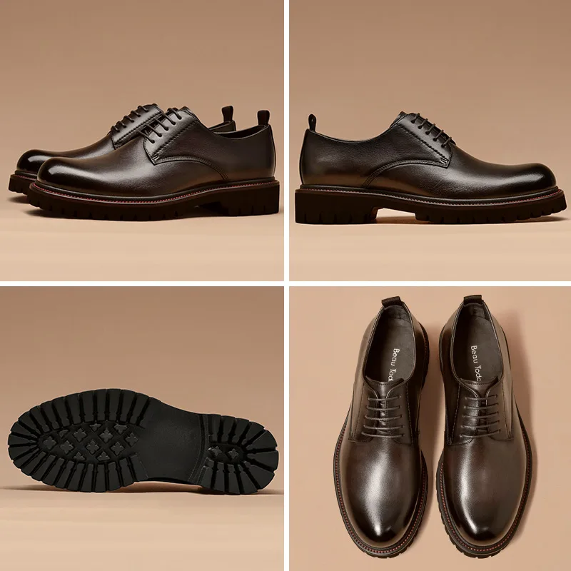Men Derby Shoes Calfskin Leather Waxing Round Toe Lace-Up Platform Gentleman Business Dress Shoes Handmade 55503